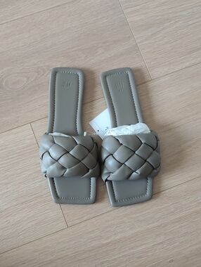 H&M Gray Braided Square-Toe Slide Sandals
